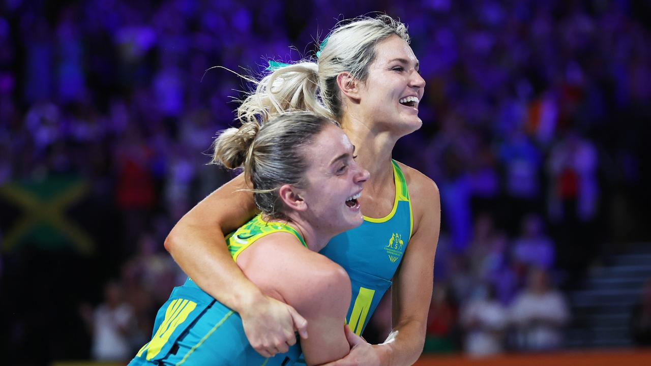 Gretel Bueta and Liz Watson celebrates Australia’s gold medal win at the Commonwealth Games. Picture: Matthew Lewis/Getty Images