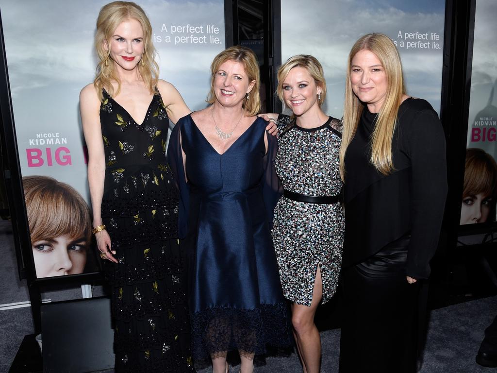 Liane Moriarty (second from left) with Nicole Kidman, Reese Witherspoon, and executive producer Bruna Papandrea of Big Little Lies. Picture: Getty Images