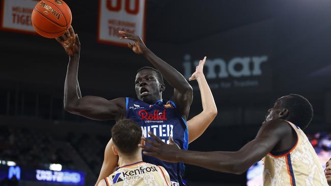 MELBOURNE, AUSTRALIA – OCTOBER 20: Makuach Maluach of United passes the ball during the round four NBL match between Melbourne United and Cairns Taipans at John Cain Arena, on October 20, 2022, in Melbourne, Australia. (Photo by Daniel Pockett/Getty Images)