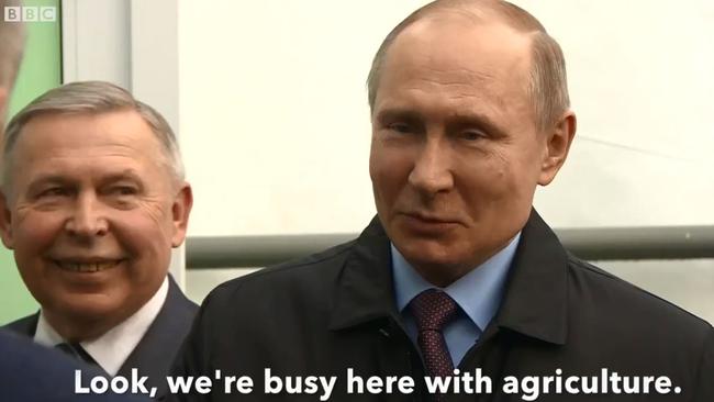 Russian President Vladimir Putin responds to the question, sort of. Picture: BBC/screengrab