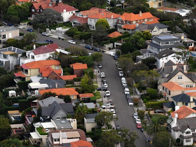 An aerial image of residential properties in Sydney, Friday, March 9, 2018. (AAP Image/Joel Carrett) NO ARCHIVING