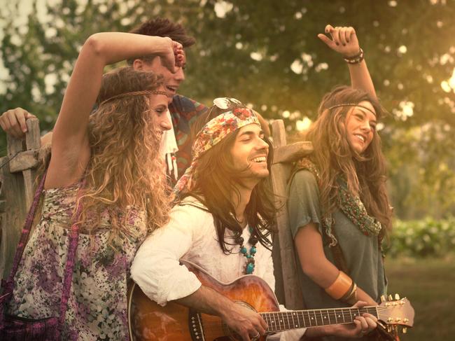 Hippies Dancing and Playing Guitar. Age effects added.