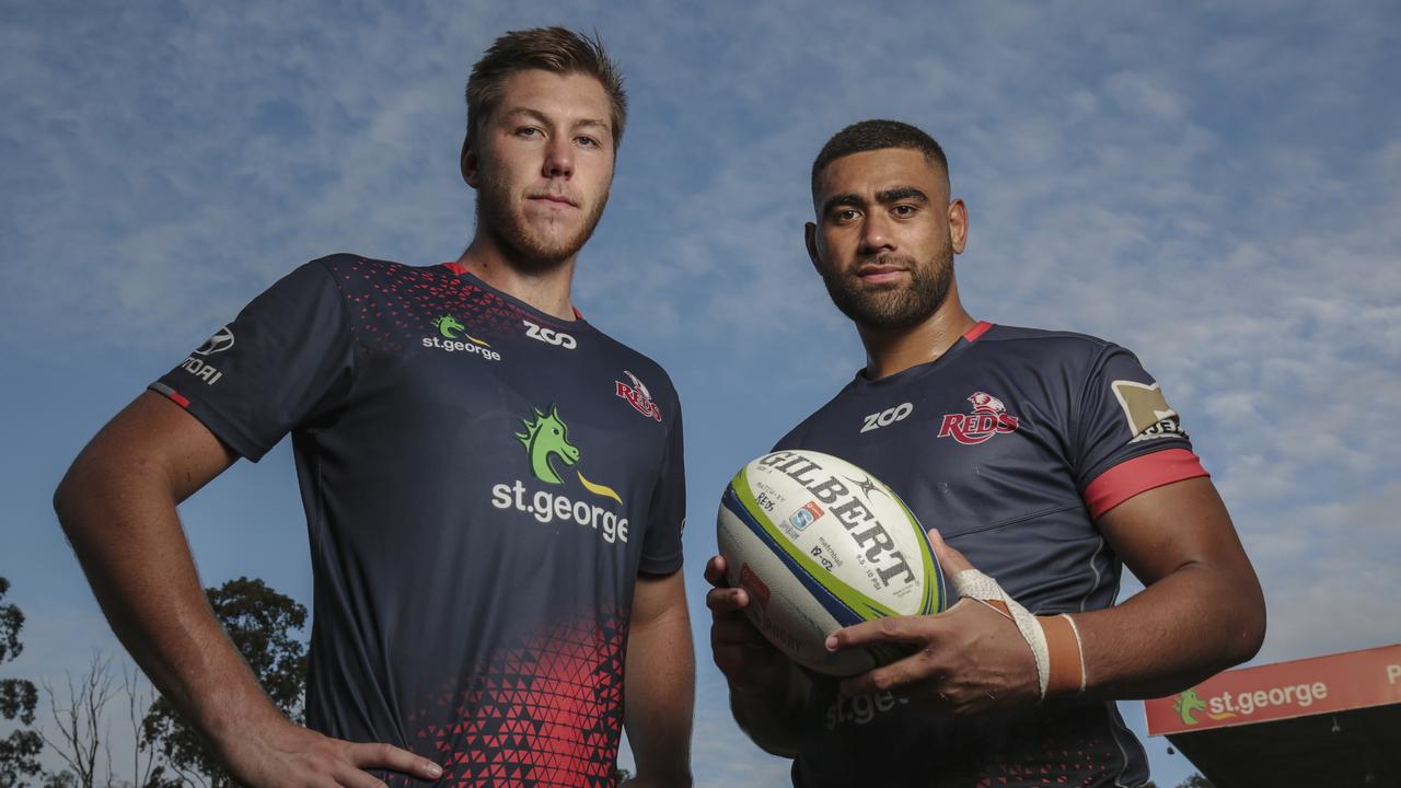 Queensland Reds locks Angus Blyth (left) and Lukhan Tui at Ballymore. Picture: Brendan Hertel/QRU.