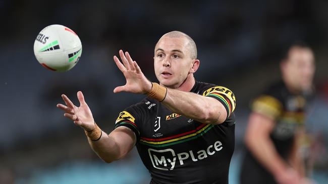 SYDNEY, AUSTRALIA - MAY 02: Dylan Edwards of the Panthers catches the ball during the round nine NRL match between South Sydney Rabbitohs and Penrith Panthers at Accor Stadium on May 02, 2024, in Sydney, Australia. (Photo by Cameron Spencer/Getty Images)
