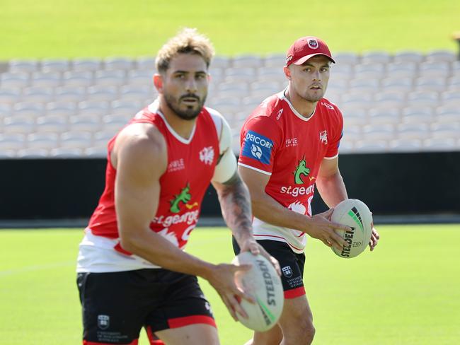 St George NRL players Jack Bird and Kyle Flanagan at a training session ahead of the 2024 NRL season. Picture: Richard Dobson