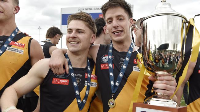 Heidelberg players celebrate winning the 2024 Division 1 premiership. Picture: Andrew Batsch