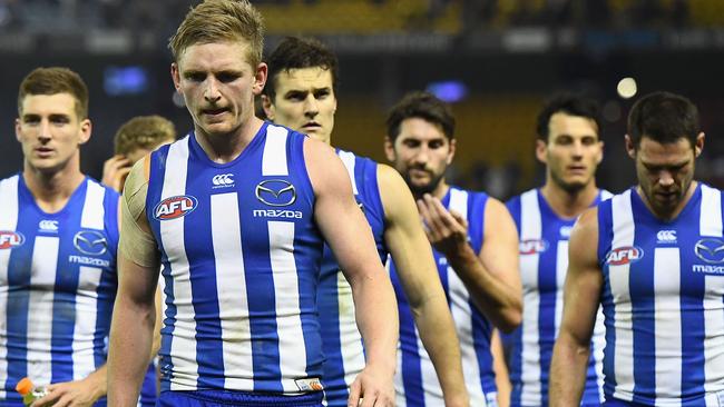 North Melbourne players leave the ground after losing to Richmond. Picture: Getty Images