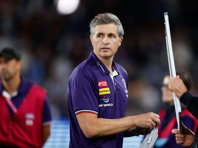 Justin Longmuir said the public perception of him being under pressure differed from the reality within Fremantle’s four walls. Picture: Dylan Burns/AFL Photos via Getty Images.