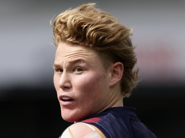 MELBOURNE, AUSTRALIA - SEPTEMBER 21: Levi Ashcroft of the Dragons gathers the ball during the 2024 Coates Talent League Boys Grand Final match between the Sandringham Dragons and GWV Rebels at IKON Park on September 21, 2024 in Melbourne, Australia. (Photo by Martin Keep/AFL Photos via Getty Images)