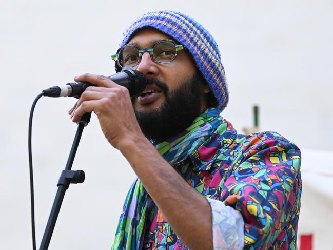 BRISBANE, AUSTRALIA - NewsWire Photos - AUGUST 19, 2023. Jonathan Sri (Sriranganathan), the Greens candidate for Mayor of Brisbane, speaks during a housing rally outside Labor's 49th National Conference in Brisbane.Picture: Dan Peled / NCA NewsWire