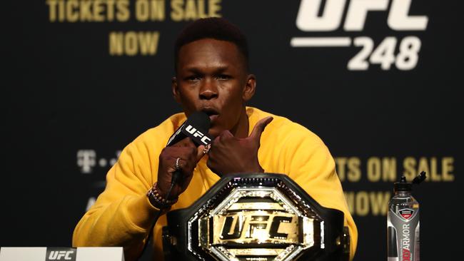 Israel Adesanya talks ahead of his Sunday showdown with Yoel Romero at UFC 248. Picture: Ronald Martinez/Getty Images/AFP