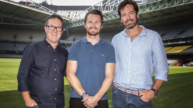 ALL IN: AFL chief executive Gillon McLachlan (right) with AFLPA chief executive Paul Marsh (left) and AFLPA president Patrick Dangerfield at the launch of the Victoria versus All-Stars bushfire fundraising match. Picture: SARAH MATRAY.