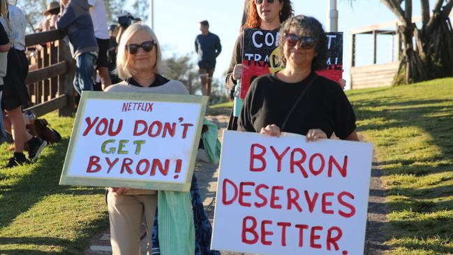 Residents turned out in force at Main Beach, Byron Bay for a paddle out in protest against Netflix's planned Byron Baes reality show on the morning of Tuesday, April 20, 2021. Picture: Liana Boss