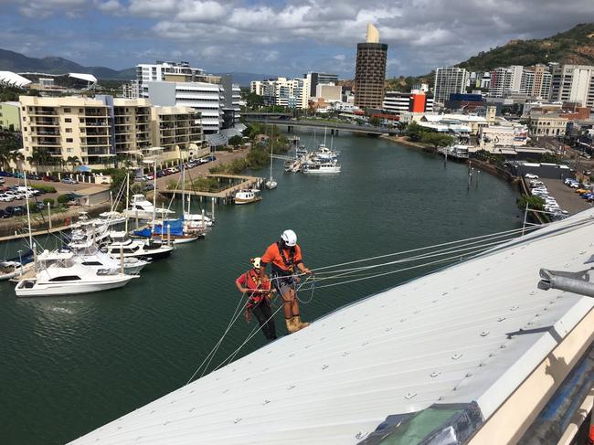 Abseilers have replaced the large panels on the Museum of Tropical Queensland's iconic curved exterior.