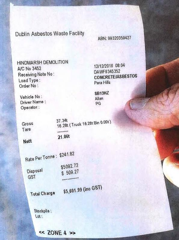 A receipt issued by John Goros, aka John Gorcilov, to one of his clients for dumping asbestos that did not exist. Picture: Attorney-General's Department