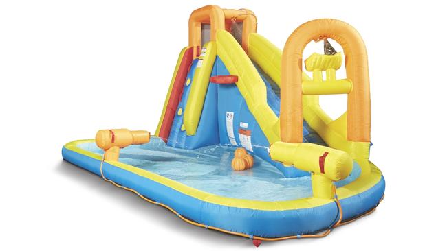 Aldi is set to launch an inflatable water park - decked out with a water slide, basketball hoop and climbing wall - just in time for summer. Picture: Supplied