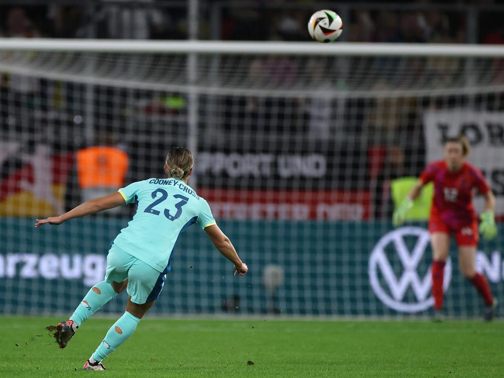 Kyra Cooney-Cross of Australia scores her team's first goal during the women's international friendly match between Germany and Australia at Schauinsland-Reisen-Arena on October 28 in Duisburg, Germany. Picture: Alex Grimm/Getty Images