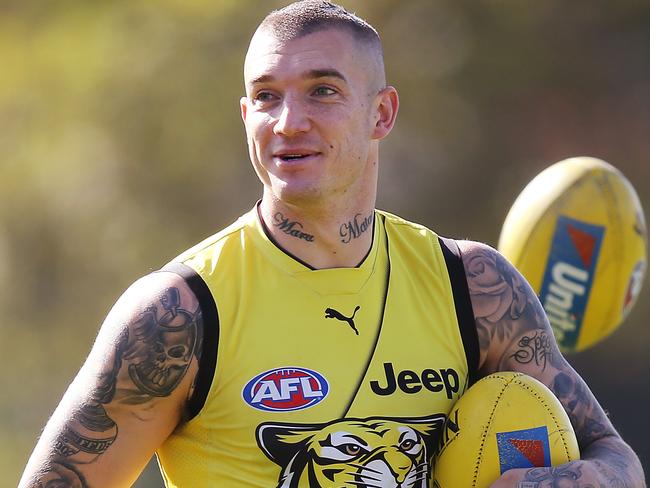 MELBOURNE, AUSTRALIA - MARCH 27: Dustin Martin of the Tigers looks upfield during a Richmond Tigers AFL training session at Punt Road Oval on March 27, 2019 in Melbourne, Australia. (Photo by Michael Dodge/Getty Images)