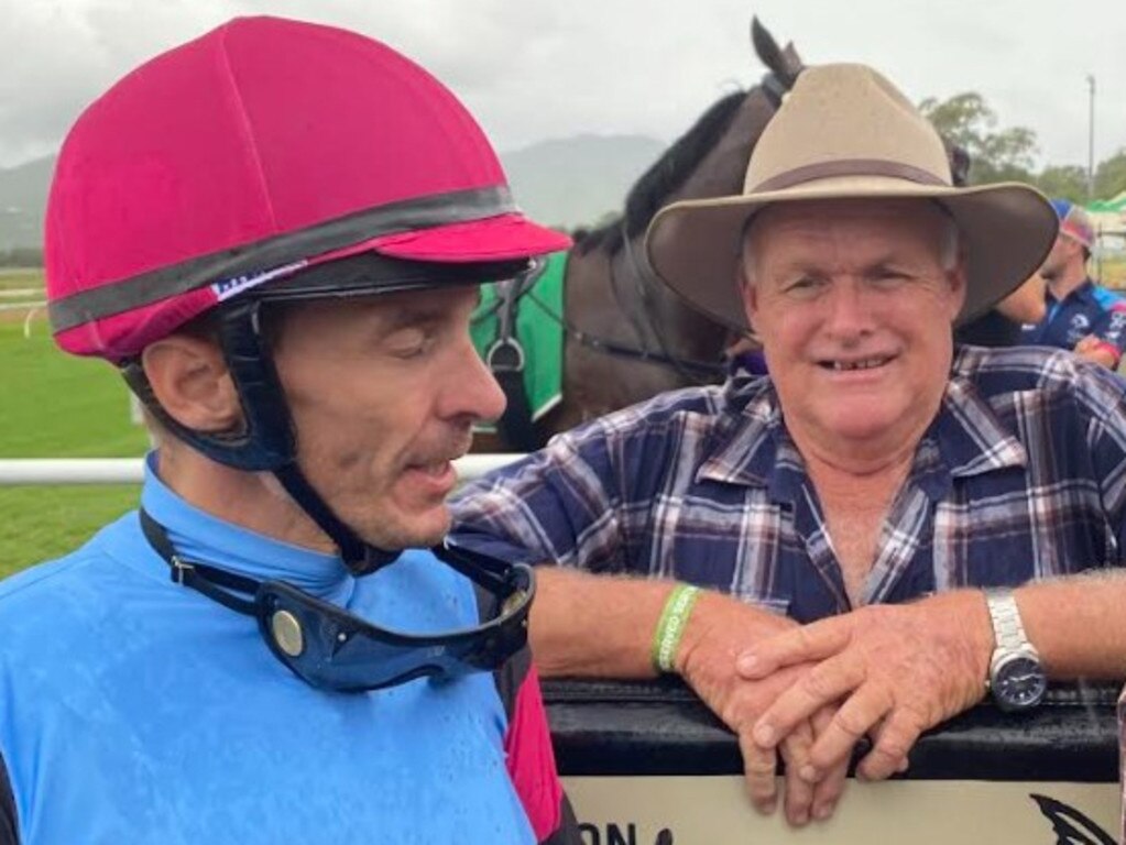 Rodney Hay, the owner of Astapor, and jockey Justin Stanley sporting the gun 3YO's colours. Photo: Tony McMahon