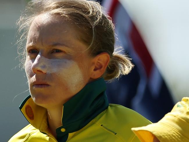 SYDNEY, AUSTRALIA - JANUARY 12: Alyssa Healy of Australia sings the National Anthem prior to game one of the Women's Ashes ODI series between Australia and England at North Sydney Oval on January 12, 2025 in Sydney, Australia. (Photo by Jeremy Ng/Getty Images)