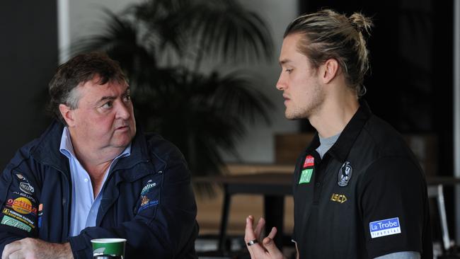 Collingwood's Darcy Moore chats with Herald Sun columnist and Magpies premiership player Mick McGuane. Picture: Andrew Henshaw