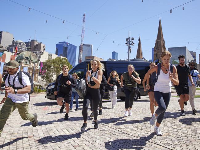 The Hunted fugitives run from their van in Melbourne’s Federation Square.