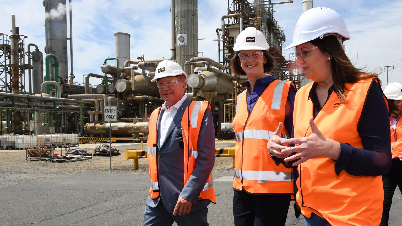 Fortescue chairman Andrew Forrest at Gibson Island in 2021 with Incitec Pivot CEO Jeanne Johns, centre, and Queensland Premier Annastacia Palaszczuk. Picture: AAP