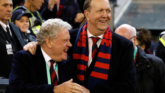 MELBOURNE, AUSTRALIA - SEPTEMBER 07: Geoff Freeman, Vice Chairman of the Demons (left) and Glen Bartlett, Chairman of the Demons celebrate after the clubs first finals win in 12 years during the 2018 AFL First Elimination Final match between the Melbourne Demons and the Geelong Cats at the Melbourne Cricket Ground on September 07, 2018 in Melbourne, Australia. (Photo by Adam Trafford/AFL Media/Getty Images)