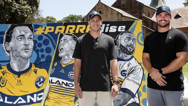 Eels players Tom Opacic (left) and Keegan Hipgrave (right) at Centenary Square in Parramatta. Picture: Jonathan Ng