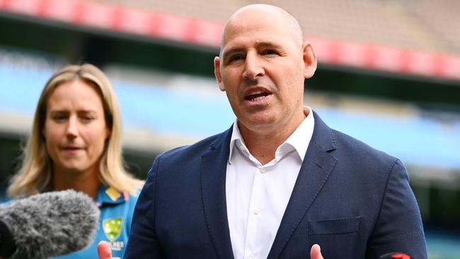 MELBOURNE, AUSTRALIA - APRIL 30: Cricket Australia CEO, Nick Hockley speaks to media during Cricket Australia's Women and Girls Action Plan Launch at Melbourne Cricket Ground on April 30, 2024 in Melbourne, Australia. (Photo by Morgan Hancock/Getty Images for Cricket Australia)