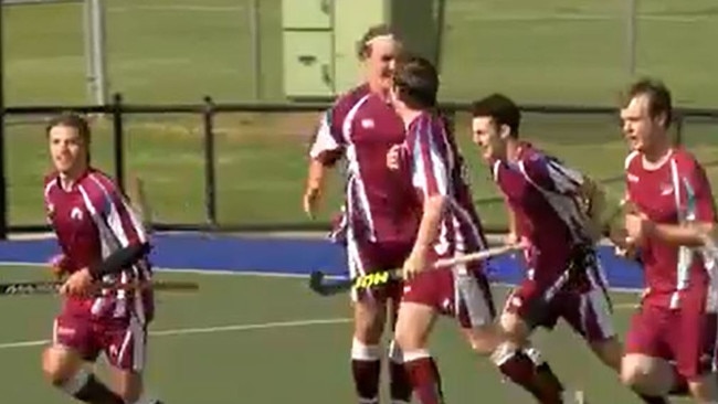 Grafton players celebrate a goal during the side's 2-1 win against hosts Metro South West in their first Pool B match at the 2021 NSW Open Mens Field Hockey Championships at Moorebank on Saturday, 12th June, 2021.