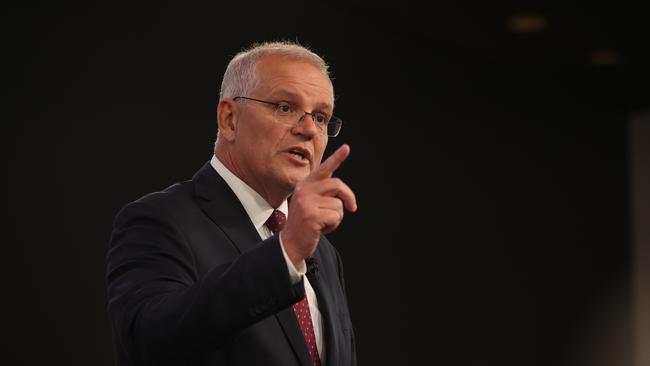 Scott Morrison makes a point at the Courier Mail and Sky News People’s Forum in Brisbane – the first live debate between the two leaders. Picture: Jason Edwards