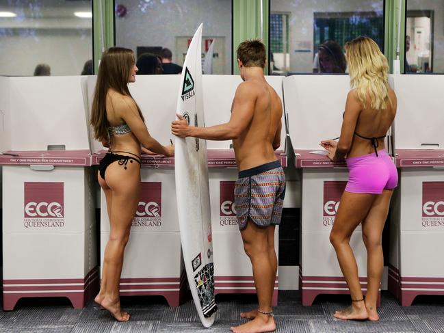 Voting Coastal - Lisa Morris, Adam Beard and Emma Down voting at Burleigh Heads after a day at the beach. Adam - 0437758357. Pic by Luke Marsden.