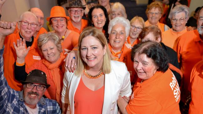 Mayo MP Rebekha Sharkie with supporters at Wallis Cinema in Mitcham for the Centre Alliance election night party. Picture: Brenton Edwards