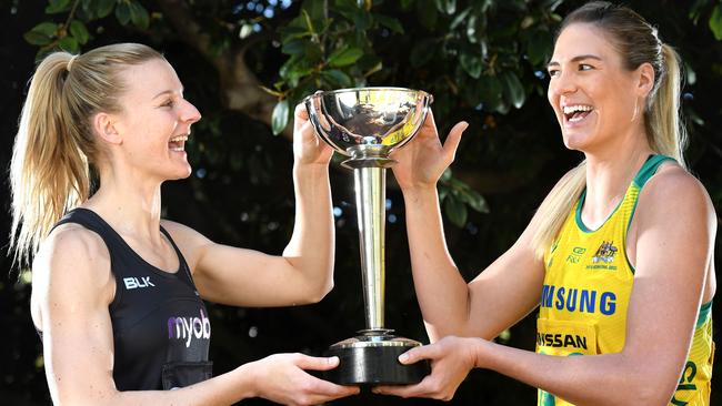 Silver Ferns captain Katrina Grant and Diamonds captain Caitlin Bassett with the Constellation Cup. Pic: Tricia Watkinson