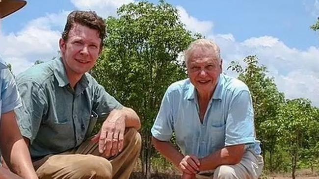 Adam Britton and Sir David Attenborough during filming for BBC documentary Life in Cold Blood.