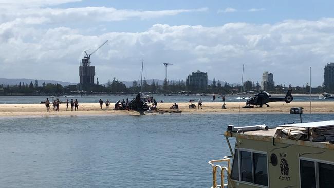 Video still of a helicopter crash on the Broadwater next to Sea World on the Gold Coast. Photo: News Media Network.