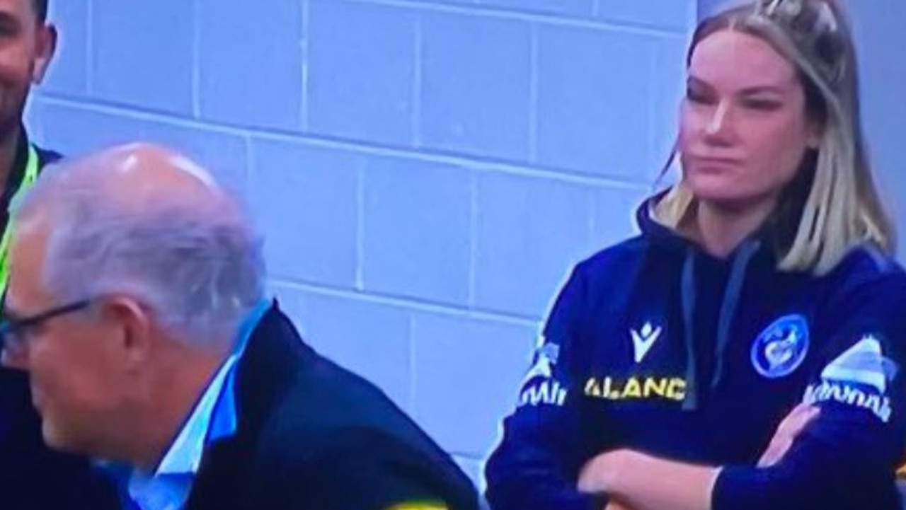 Eels sports scientist Tahleya Eggers glares at Prime Minister Scott Morrison at the footy on Saturday night. Picture: Supplied