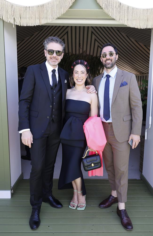 Zonfrillo (left) with MasterChef judges Melissa Leong and Andy Allen at Melbourne Cup Day 2021, months after his bowel cancer had reportedly returned. Picture: Alex Coppel