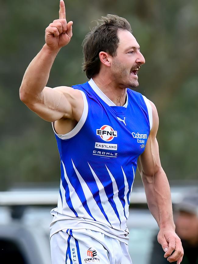 James Belo of East Ringwood celebrates kicking a goal. (Photo by Josh Chadwick)