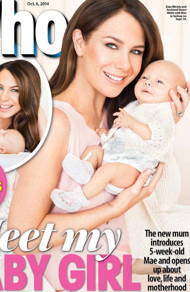 WHO Magazine cover featuring Kate Ritchie and her new baby, Mae. Picture: WHO / Supplied