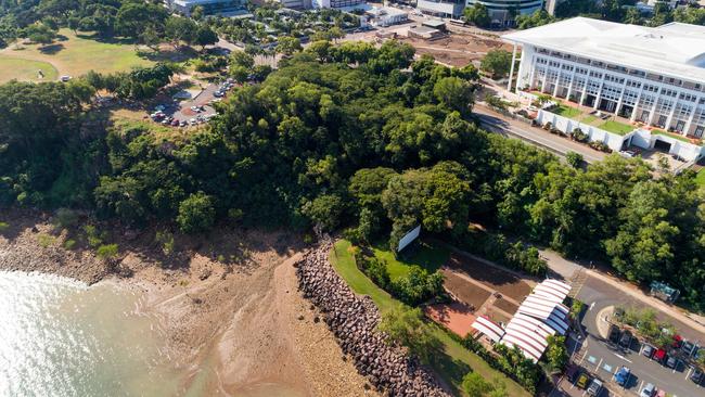 The back of The Deckchair Cinema’s screen (bottom right) — the closest point to the proposed RSL clubhouse site — is located about 80m from the existing carpark (top left) where the RSL wants to rebuild. Picture: NT News