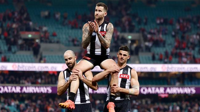 Steele Sidebottom (left), Jeremy Howe (centre), Scott Pendlebury (right) and Will Hoskin-Elliott have all signed one-year deals for 2025. Picture: Michael Willson / Getty Images