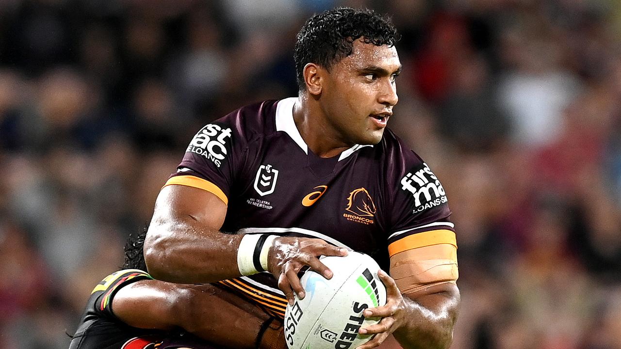 BRISBANE, AUSTRALIA - APRIL 15: Tevita Pangai Junior of the Broncos is tackled during the round six NRL match between the Brisbane Broncos and the Penrith Panthers at Suncorp Stadium, on April 15, 2021, in Brisbane, Australia. (Photo by Bradley Kanaris/Getty Images)