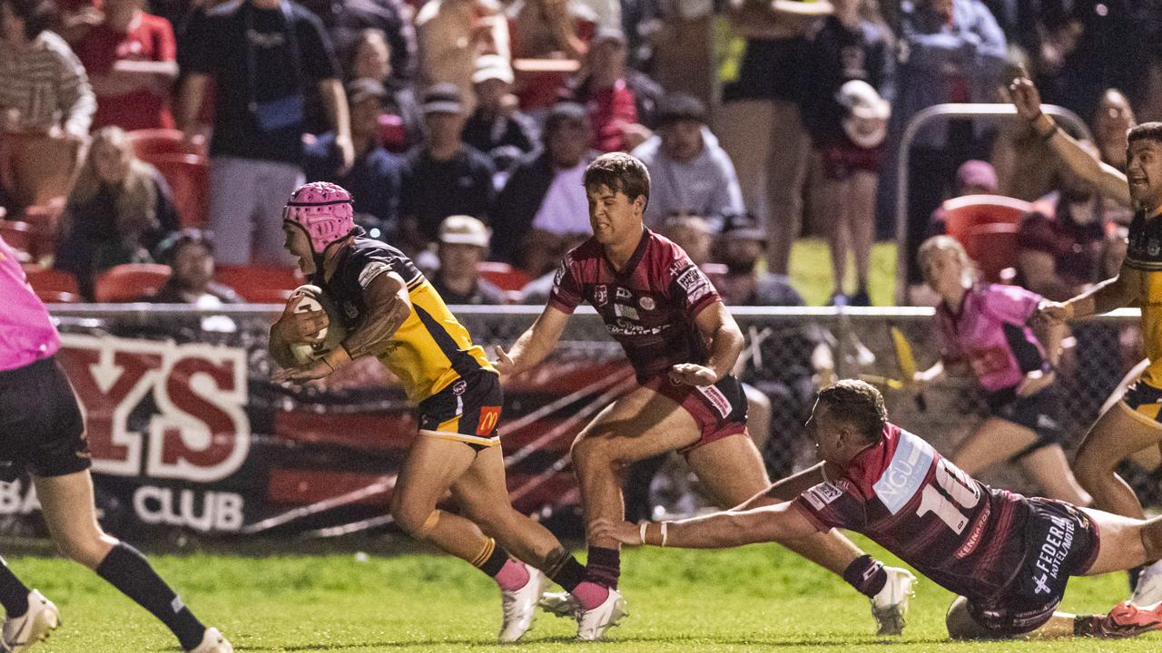 Joel Hughes on the way to score a try for Gatton against Valleys in the TRL Hutchinson Builders A-grade grand final. Picture: Kevin Farmer