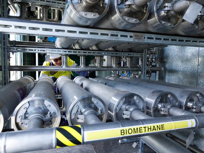 DAILY TELEGRAPH. Tour of JemenaÃs newly operational Malabar Biomethane Plant, which takes methane gas produced by waste water which is passed through a digester. Pic shows Jemena Gas Technician Trent Spurr checking the CO2 filter system which seperates CO2 from the Methane. 28/08/2023. Pic by Max Mason-Hubers