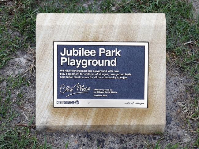 A new plaque focusing on Clover Moore’s achievements was installed next to a run down playground and in the middle of the City of Sydney’s asbestos crisis. Picture: Richard Dobson