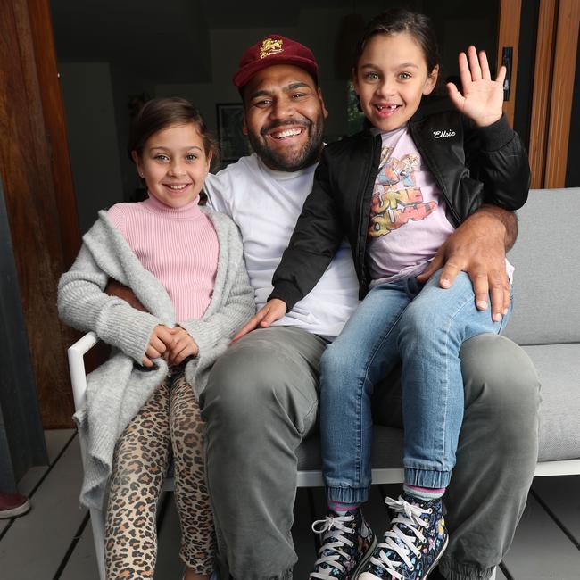 Sam Thaiday with kids Gracie (l) and Elsie. Pic Annette Dew