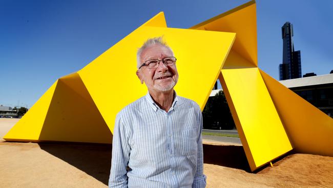 Artist Ron Robertson-Swann with his 1980 sculpture Vault, or the Yellow Peril. Picture: Nicole Cleary