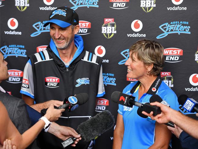 Strikers men’s head coach Jason Gillespie and women's coach Andrea McCauley speak to the media at Adelaide Oval in early 2018. Picture: Tom Huntley